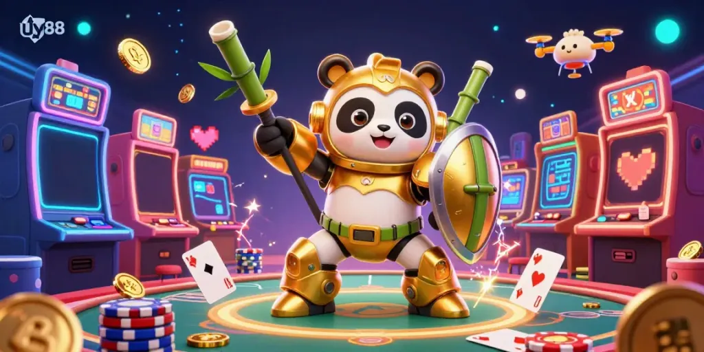 Engage with uy88's vibrant casino scene featuring a golden panda in a mech-suit amidst cheering spectators and game machines.