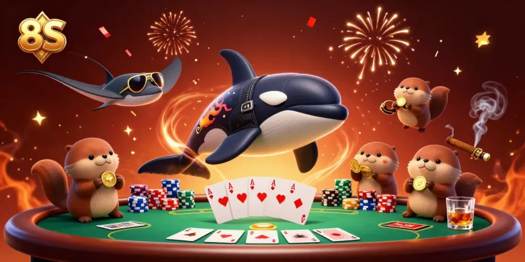 8S-themed 3D illustration with a dynamic orca, stingray, and otters, celebrating casino wins.