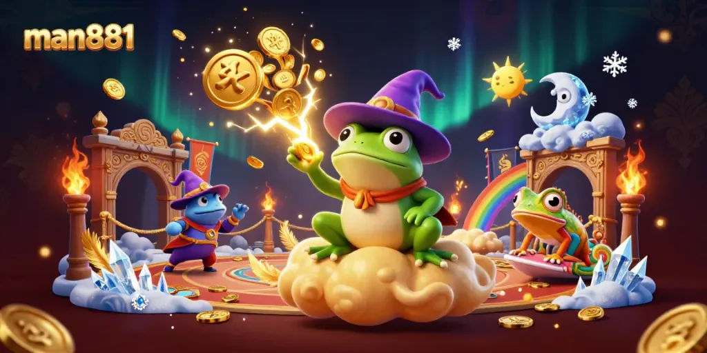 Experience the magical world of man881 as the weather wizard frog conjures coins amidst vibrant casino elements.