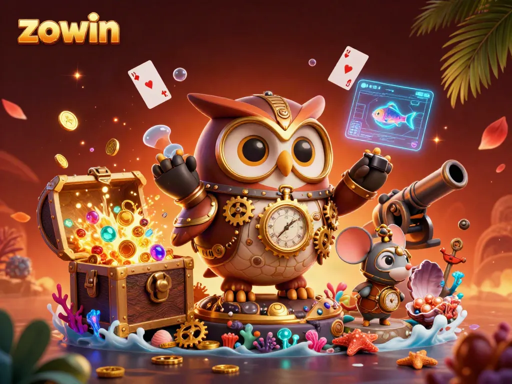 Zowin offers thrilling gaming moments with unique time-traveler casino illustrations filled with treasures.