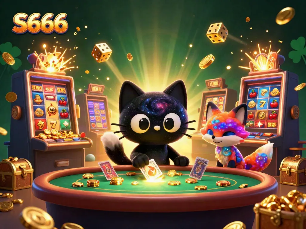 S666 captivates players with a cosmic casino scene filled with golden chips and vibrant characters.