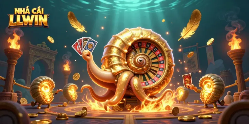 Engage in thrilling gaming action with NHÀ CÁI LLWIN showcasing a dynamic underwater casino scene.