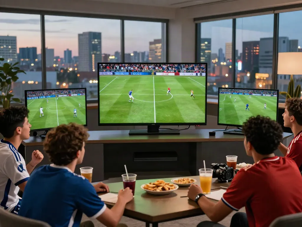 Fans enjoying a live stream of Thapcamtv soccer match at home with excitement and snacks.