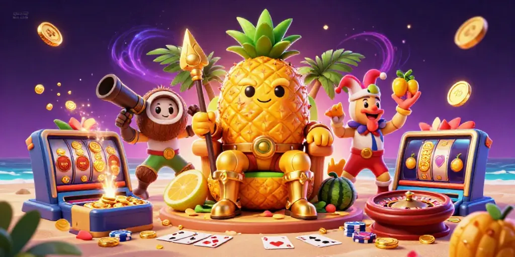 B52 CLUB showcases a vivid 3D scene with a golden pineapple king, game elements, and tropical atmosphere.