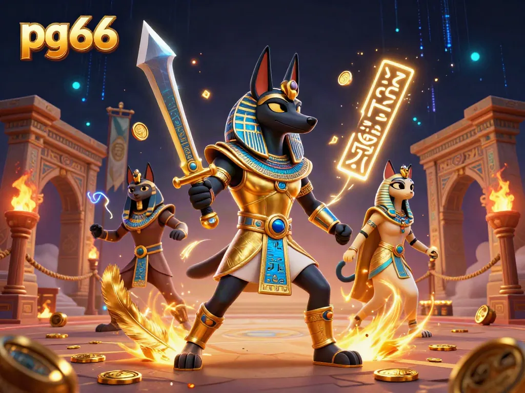 Engage in strategic gameplay with pg66, featuring Anubis and Bastet amidst dynamic casino elements.