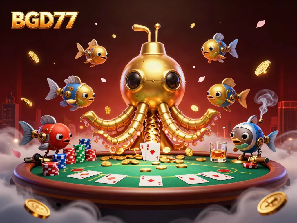 BGD77 delivers excitement as a golden kraken submarine navigates through golden coins with casino elements.