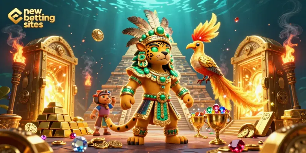 Experience thrilling action with new betting sites, showcasing a Mayan priest amidst gold treasures and excitement.