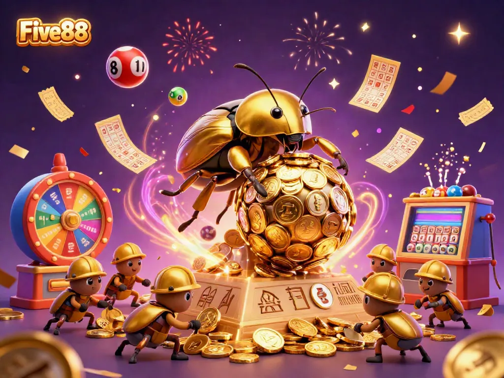 Engage with Five88's vibrant casino experience featuring a golden beetle and casino elements.