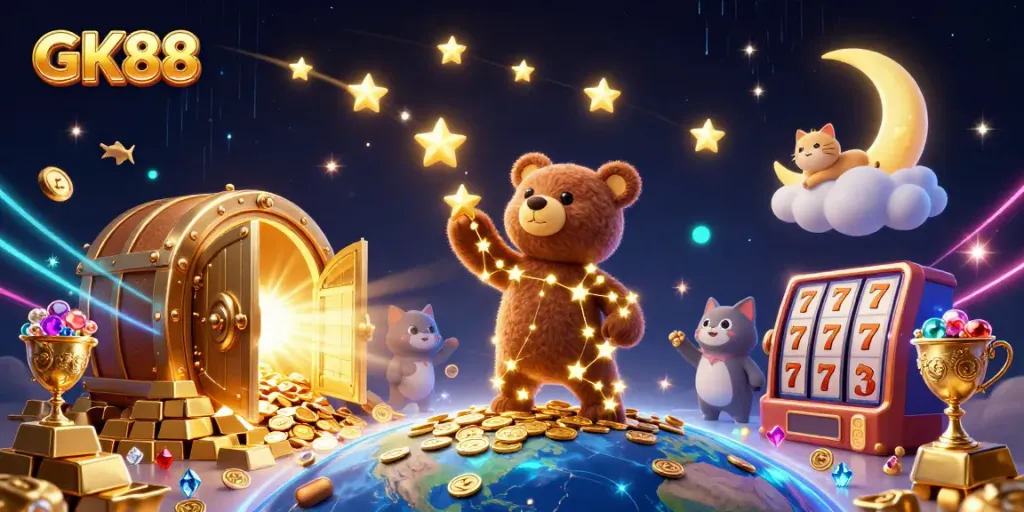 Experience thrilling wins with GK88 casino illustration featuring a constellation bear amidst rich gaming elements.