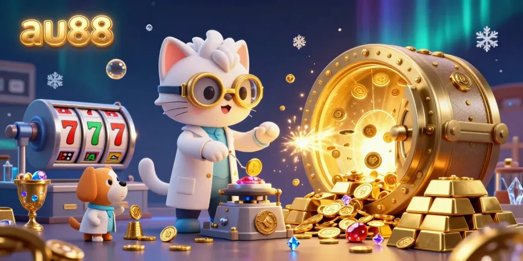 Experience excitement with the au88 jackpot machine, surrounded by gold bars and sparkling gems.
