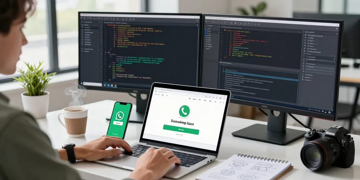 WhatsApp下載 on a laptop in a modern tech workspace with dual monitors and coding scripts.