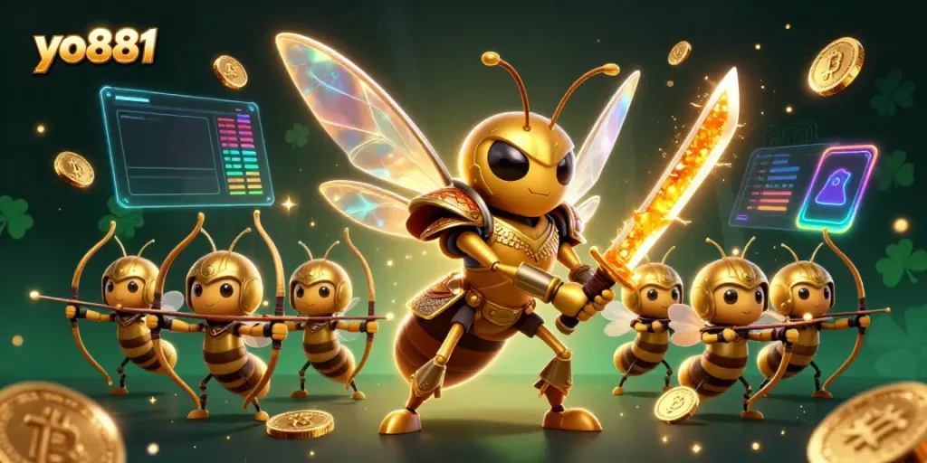 Engage in thrilling gameplay with yo881, depicted as a samurai hornet wielding honey katanas in a vibrant casino scene.