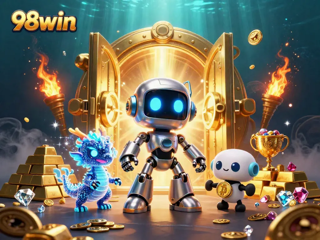 Experience thrills with 98win through this vibrant 3D casino illustration showcasing dynamic gaming elements.