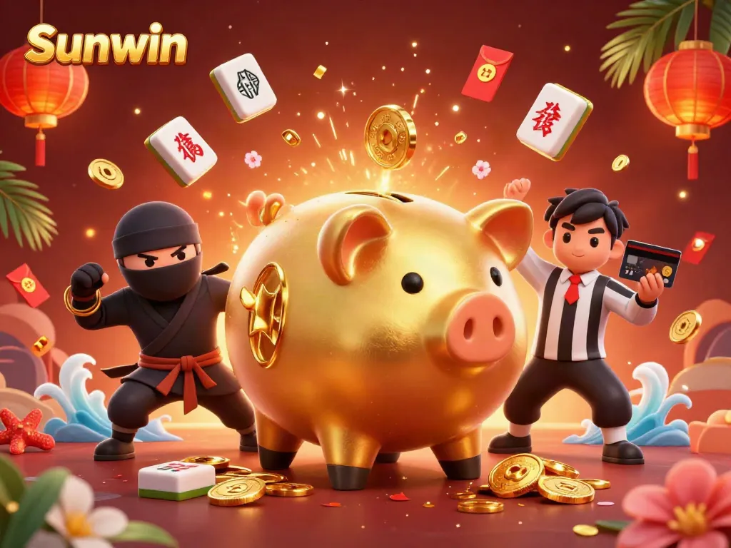 Experience excitement with Sunwin's vibrant casino scene featuring a sumo wrestler, ninja, and samurai.