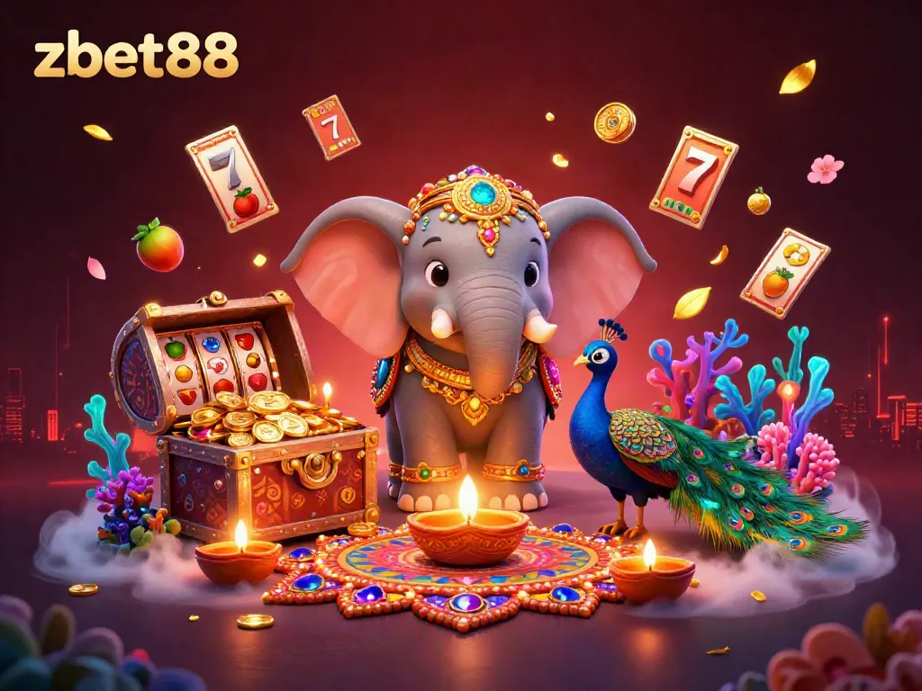Immerse in the excitement of zbet88 with vibrant scenes of slot symbols and a Diwali elephant illustration.