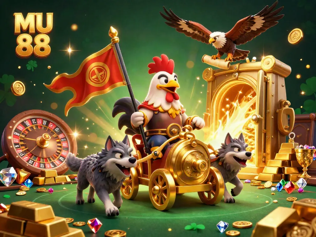 Bet big with MU 88 in an exciting live casino scene featuring gold treasures and dynamic game elements.