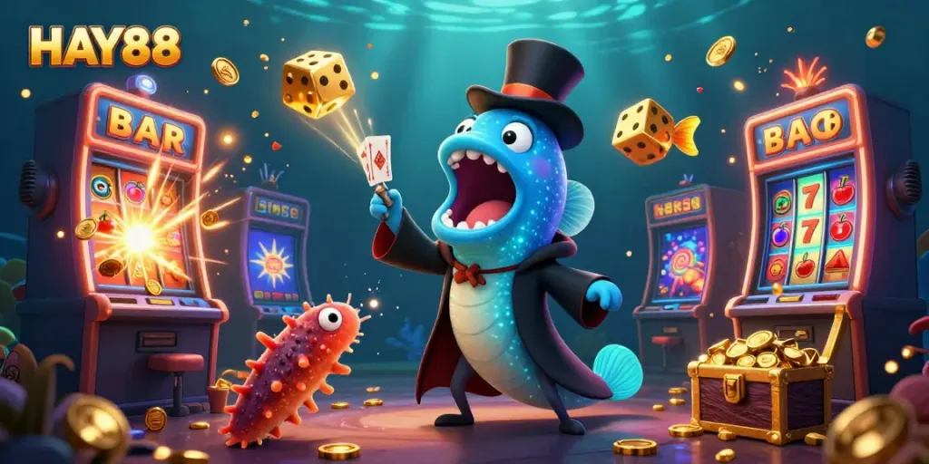 Engage with exciting HAY88 casino games and slot machines in a vibrant underwater scene.