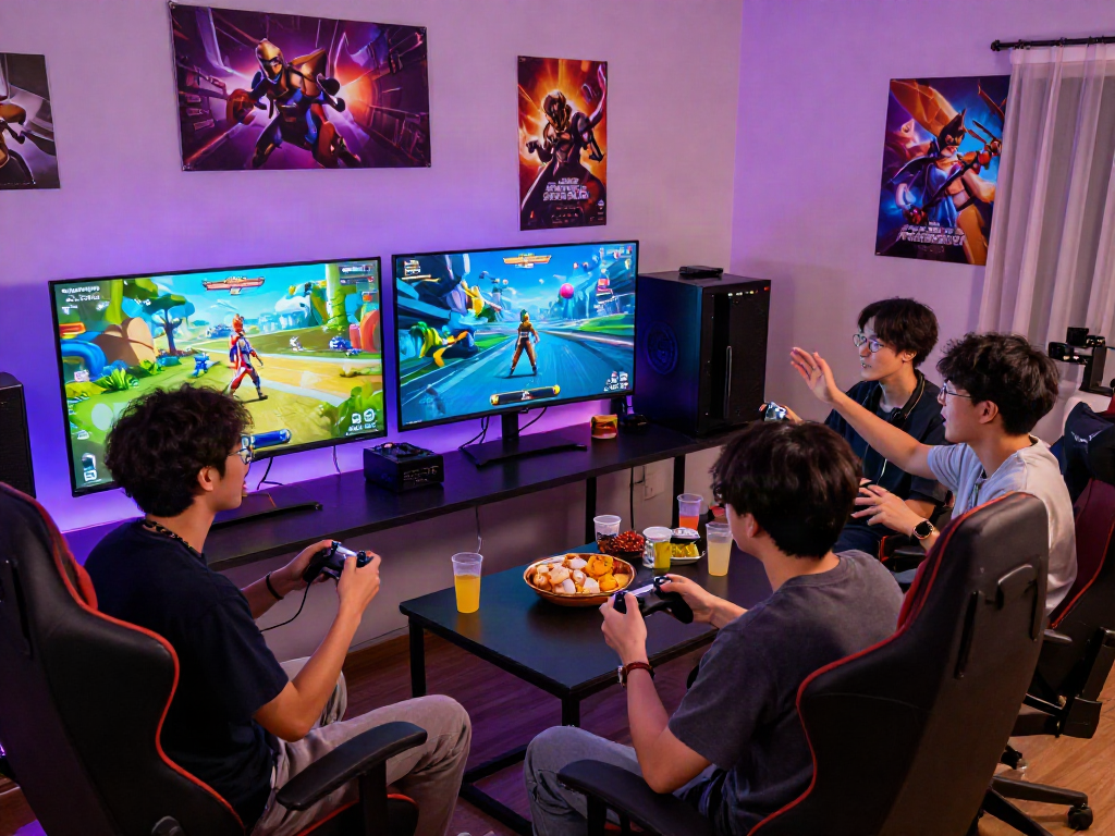 Engaging group playing porngames in a vibrant home gaming setup with colorful graphics and snacks.