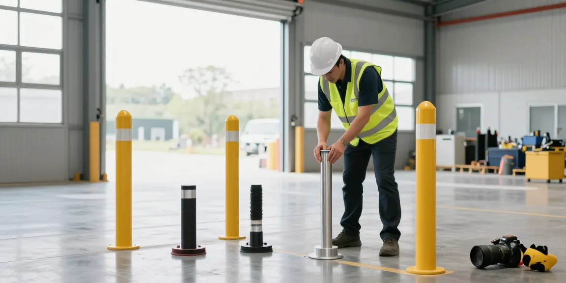 Safety bollards being installed in a professional industrial workspace.