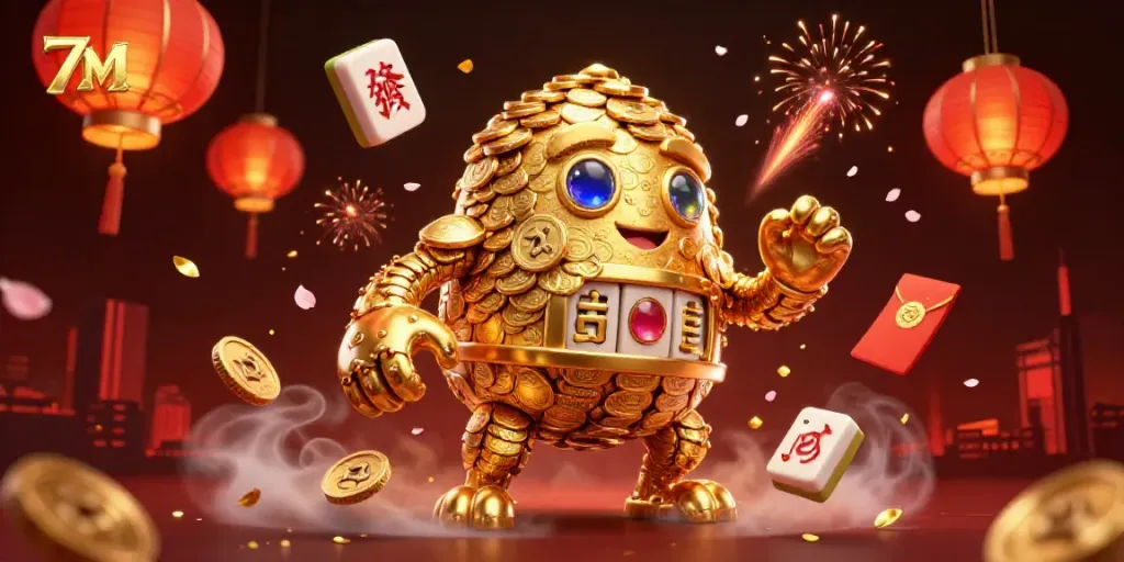 Experience live betting excitement with 7M's ancient golden golem surrounded by vibrant gambling elements.