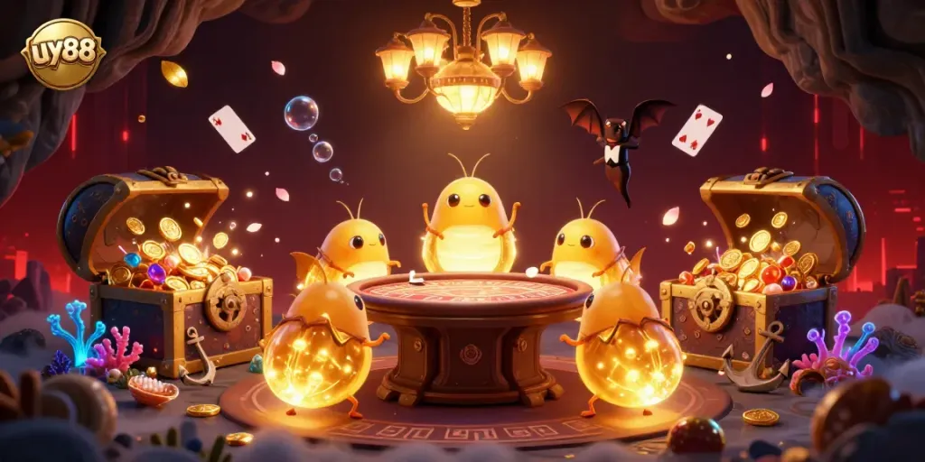 Engage with uy88's vibrant casino scene featuring glowworms and a bat dealer.