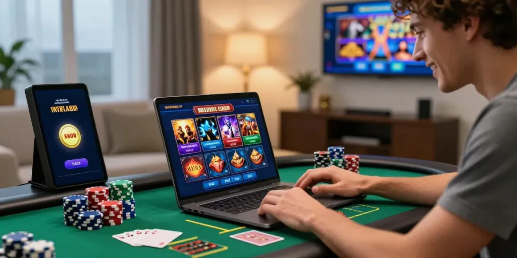 Player exploring the best credit card casinos online at home, surrounded by casino chips and games.