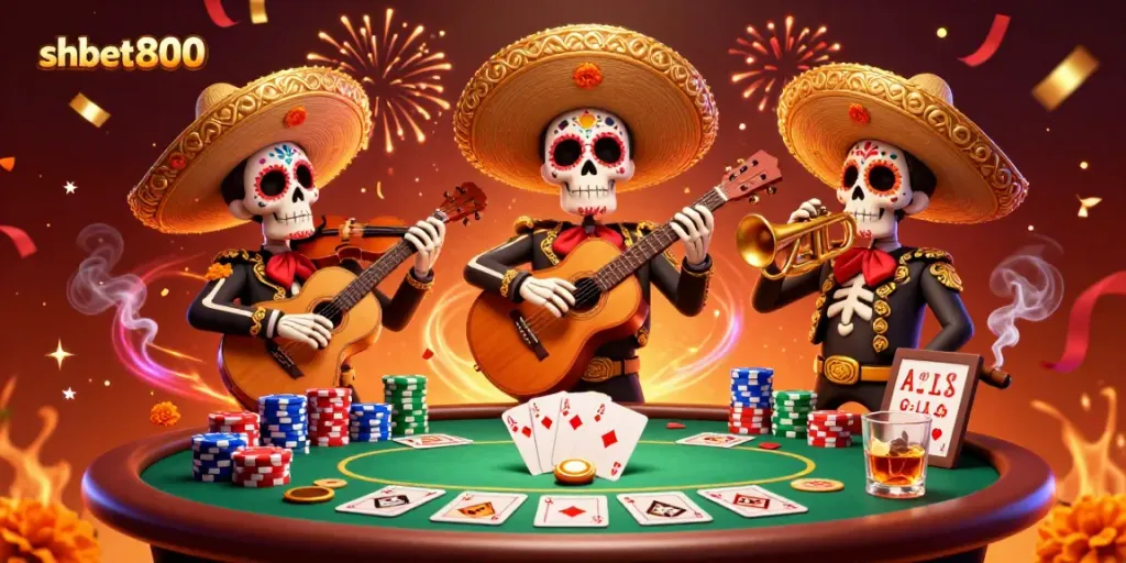 Engage with shbet800 at a festive 3D casino scene featuring poker elements and a mariachi band celebration.