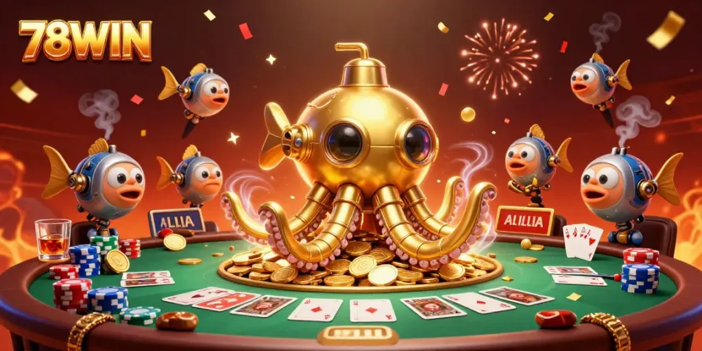 Experience the excitement of 78WIN's casino games with a vibrant golden kraken and poker scene.