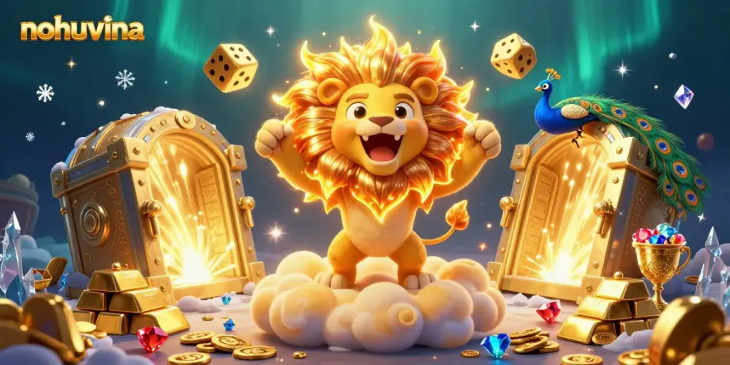 Experience the thrill of gaming with nohuvina's vibrant 3D animation featuring a roaring lion amidst golden treasures.