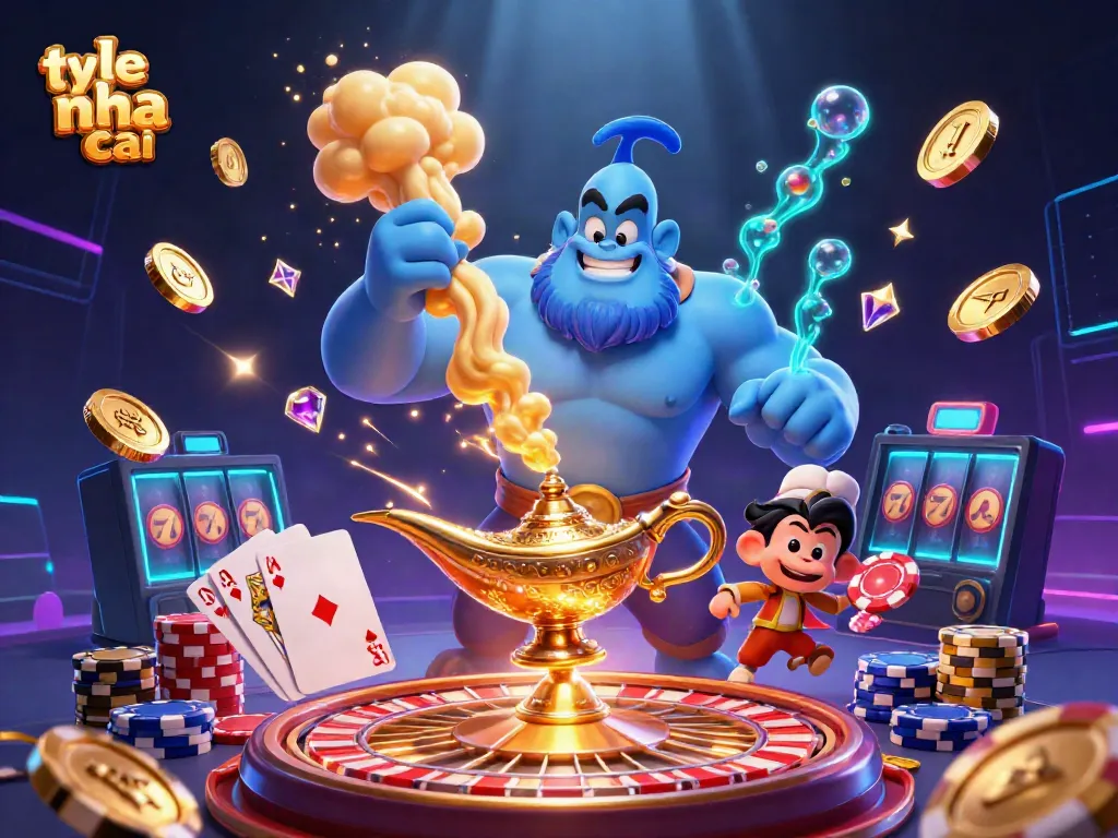 Experience the magic of ty le nha cai with this vibrant casino-themed illustration showcasing a genie, poker chips, and rich gaming elements.