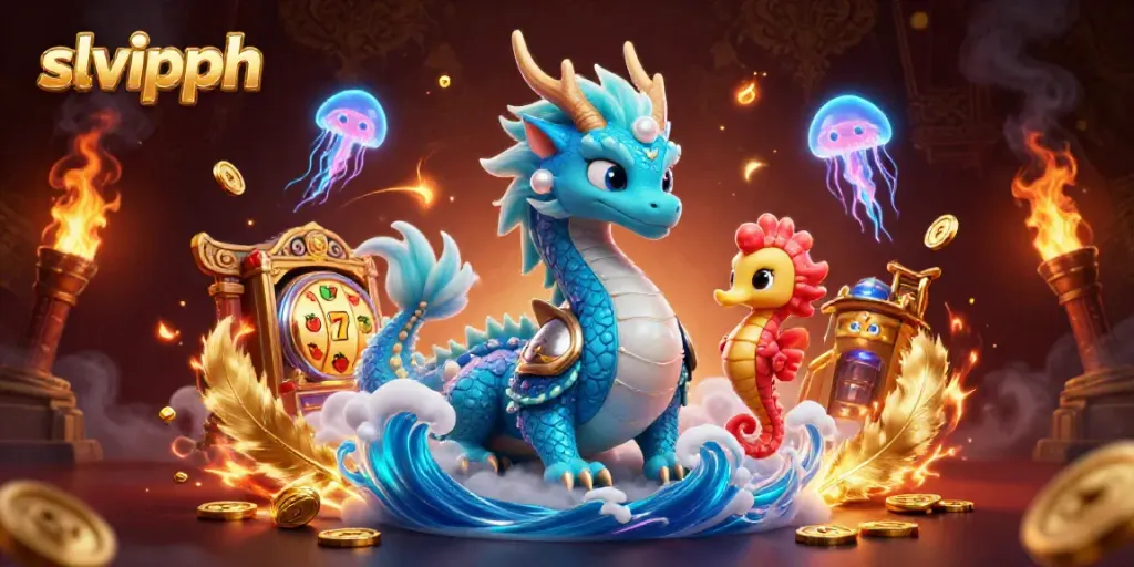 Experience exhilarating gaming with slvipph in a vibrant casino scene featuring a majestic water dragon, a brave seahorse knight, and dazzling slot elements.