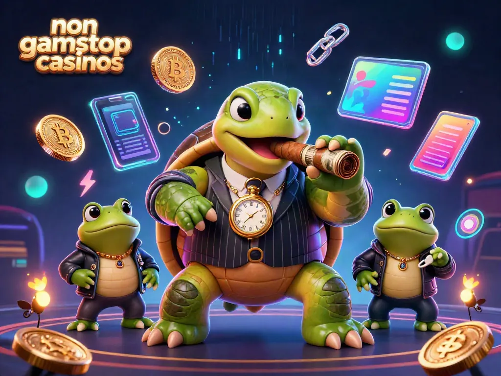 Engage with non gamstop casinos through a vibrant 3D scene featuring a snapping turtle and bullfrog enforcers surrounded by crypto elements.