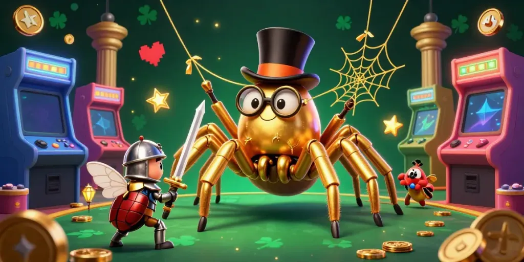 Experience luck8 in a vibrant casino scene featuring a golden tarantula and a brave beetle knight amidst dynamic gaming elements.