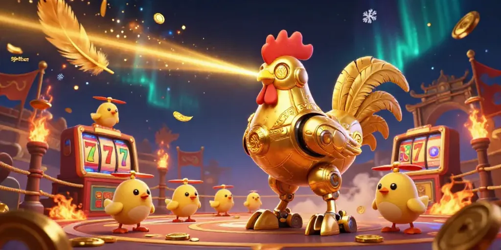Experience the thrill of sp8bet in a vibrant casino scene with a retro-futuristic rooster robot and baby chick drones amidst golden rewards.