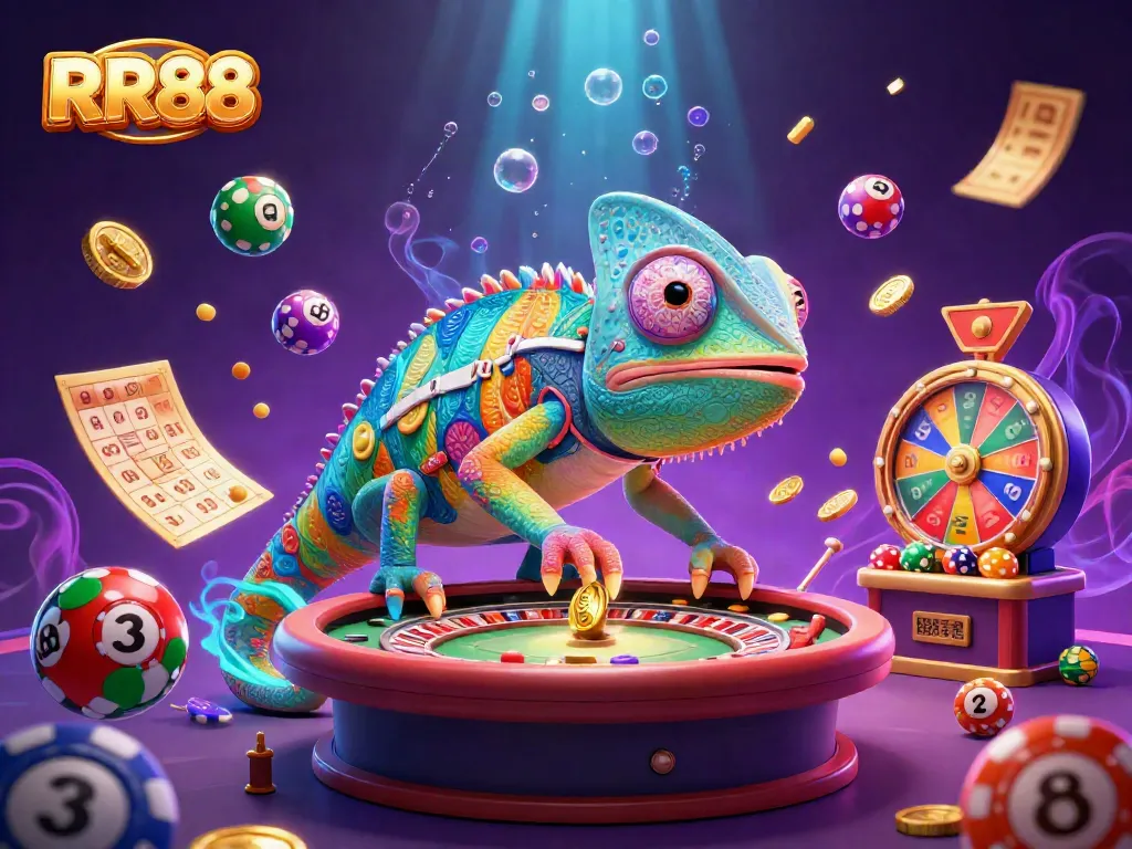 RR88 casino owner chameleon collecting coins with vibrant lottery elements in a magical backdrop.