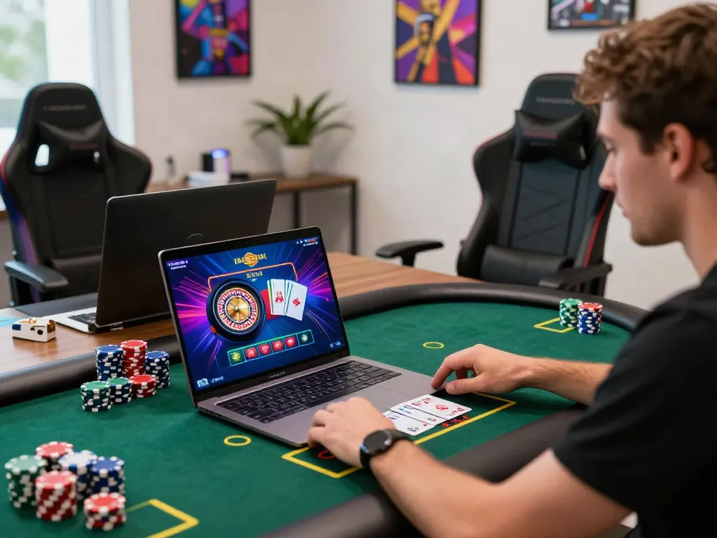 Engaging player enjoying 9bet live casino experience in vibrant home office.