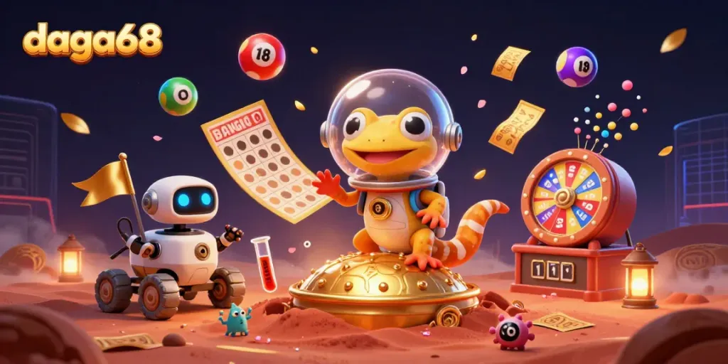 Dive into the action at daga68 with a Martian gecko, golden casino surprises, and lottery excitement.