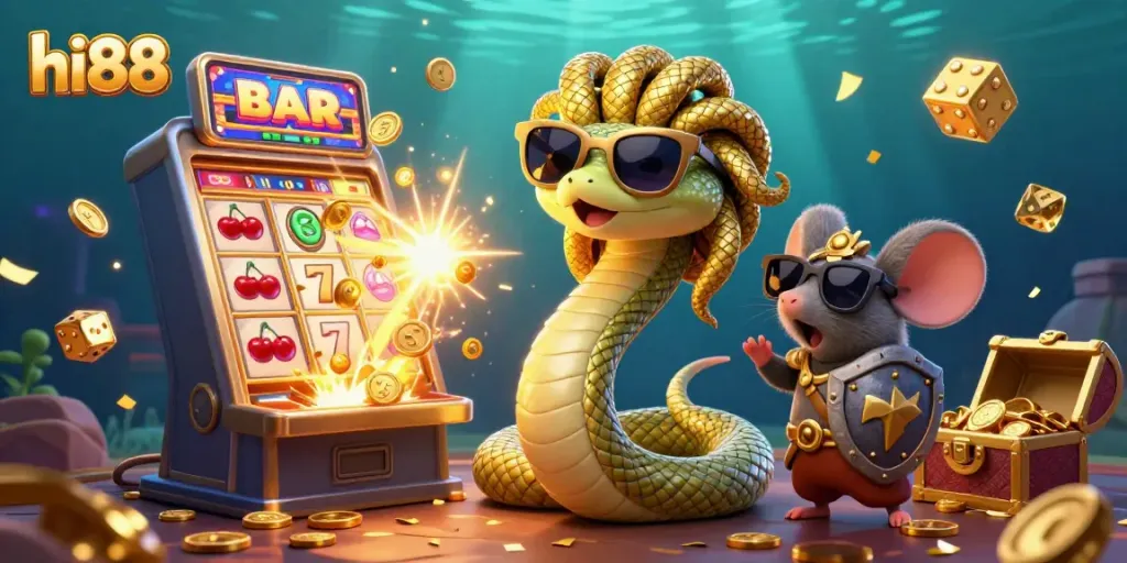 Engage with hi88's vibrant casino world featuring Medusa, slots, and a warrior in action.