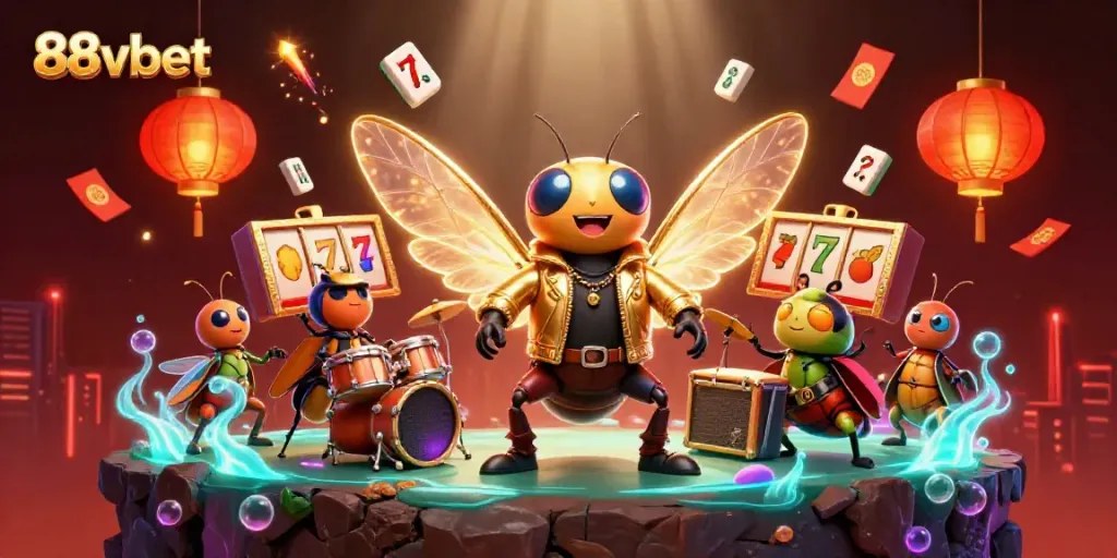 Experience the thrilling scene of 88vbet with a vibrant rock star cicada, slot reels, and festive elements.