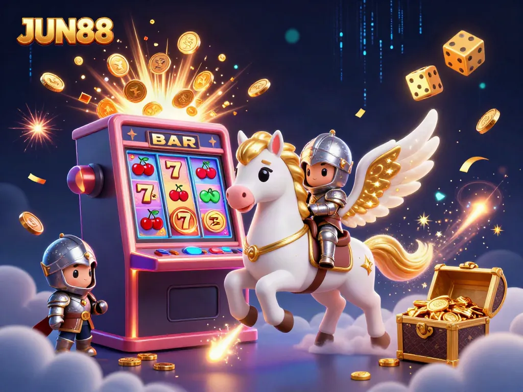 Experience the thrilling JUN88 casino atmosphere with a dynamic celestial scene of fortune and excitement.