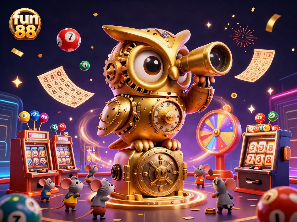 Experience fun 88 with vibrant visuals of a golden owl overseeing dynamic casino action.