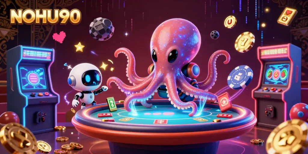 Engage with NOHU90 as 3D alien octopus plays poker at a casino table.