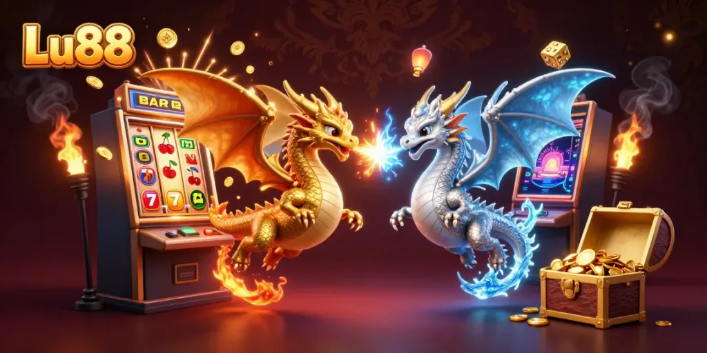 Experience the thrill of Lu88 with colorful jackpot celebrations as golden and silver dragons create a unique fire and ice duel.