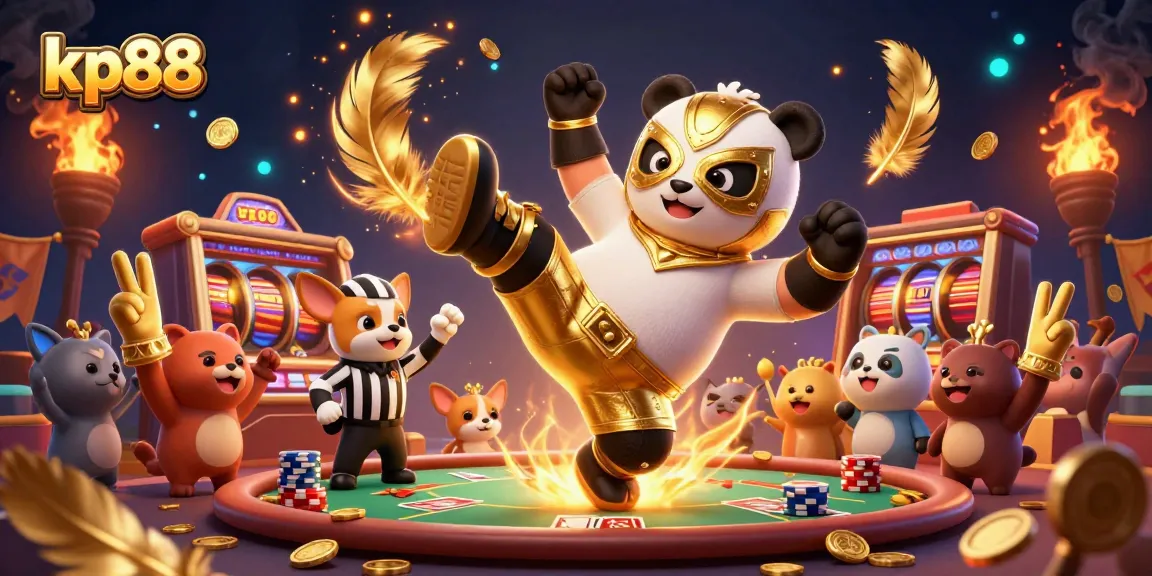 Experience kp88's thrilling casino gameplay in a vibrant 3D scene with a wrestling panda.