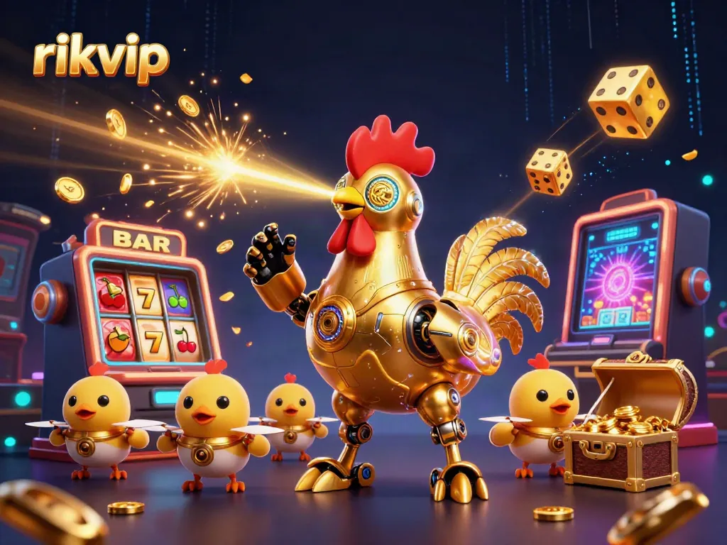 Experience the excitement of rikvip with vibrant casino elements and a golden rooster robot leading the way.