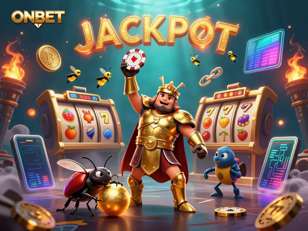 Celebrate wins with ONBET in this vibrant casino scene featuring triumphant characters.