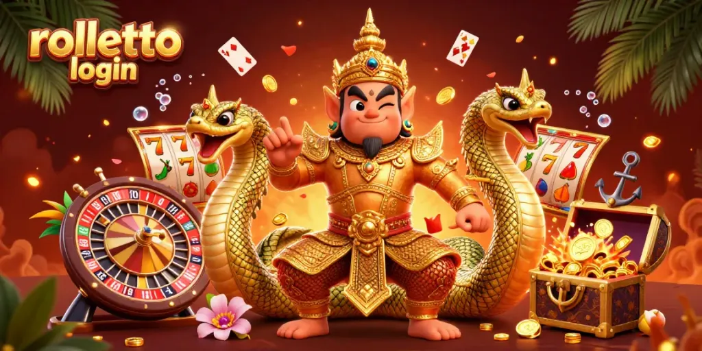 Experience rolletto login with a vibrant 3D casino illustration showcasing thrilling games and lucky symbols.