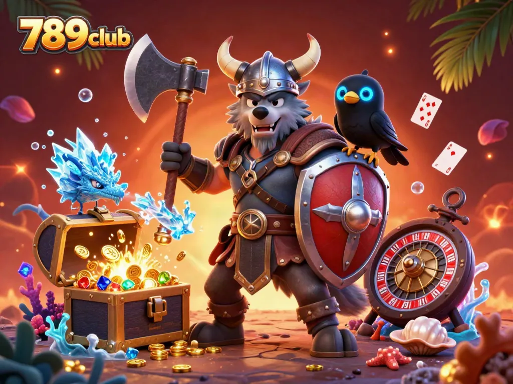 Experience the thrill of 789club in an ultra-detailed 3D scene featuring a Viking warrior, a fierce dragon, and glowing game elements.