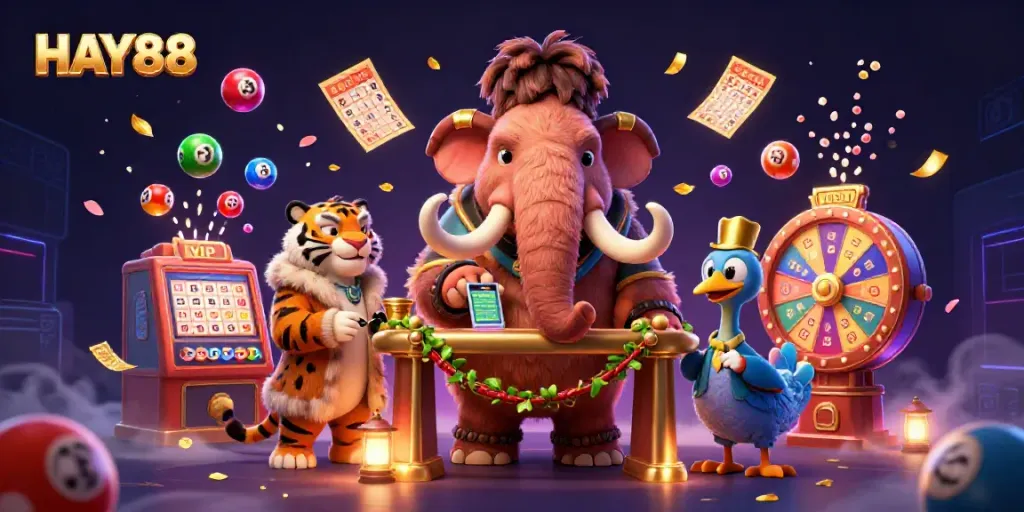 Experience HAY88 excitement with dynamic lottery elements and vibrant characters in 3D casino illustration