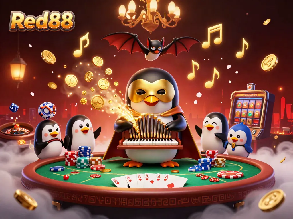 Experience the excitement of Red88 with a whimsical penguin organist among vibrant casino elements.